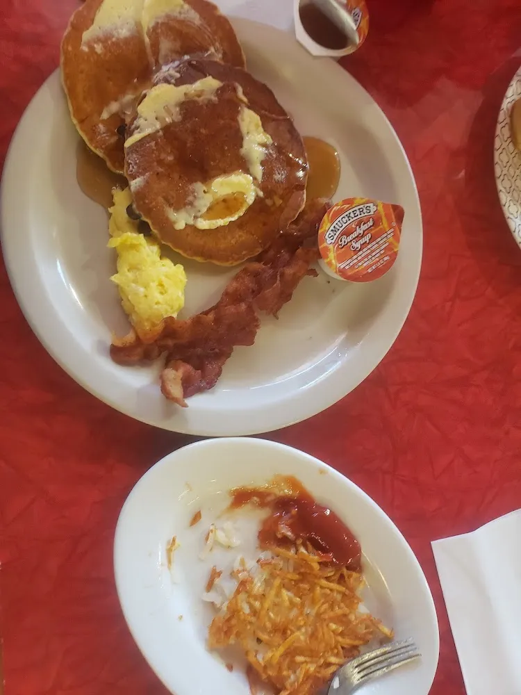 Blueberry Pancakes Crispy Bacon and Soft Scrambled Egg